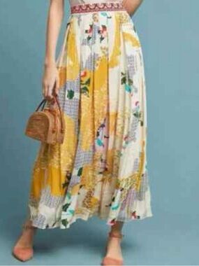 Anthropologie Yellow and Cream Floral Patchwork Pleated Maxi Skirt